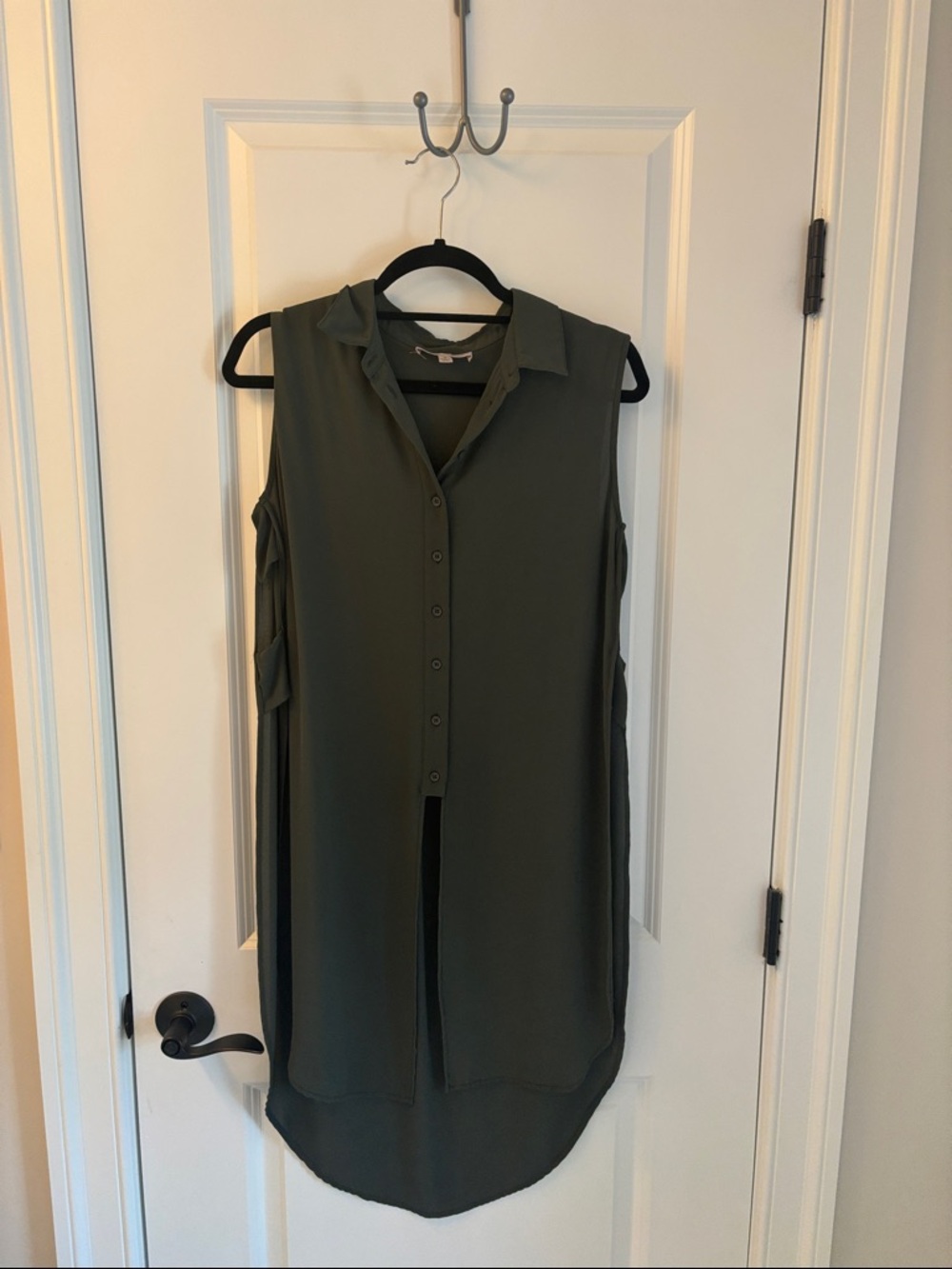 Philosophy Sleeveless Button-Front Long Shirt Dress in Olive